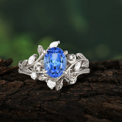 1.15 CT Delicate Leaf Accented 4 Prong Oval Shaped Sapphire Ring Sets