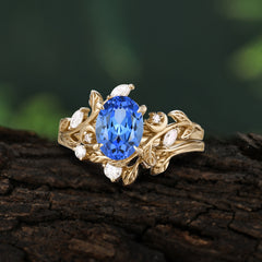 1.15 CT Delicate Leaf Accented 4 Prong Oval Shaped Sapphire Ring Sets