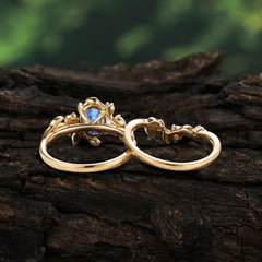 1.15 CT Delicate Leaf Accented 4 Prong Oval Shaped Sapphire Ring Sets