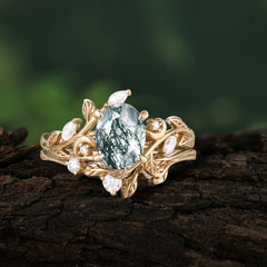 1.15 CT Delicate Leaf Accented 4 Prong Oval Shaped Natural Moss Agate Ring Sets
