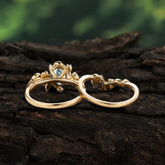1.15 CT Delicate Leaf Accented 4 Prong Oval Shaped Natural Moss Agate Ring Sets