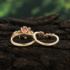 1.15 CT Delicate Leaf Accented 4 Prong Oval Shaped Garnet Ring Sets
