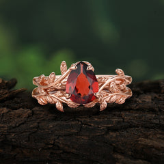 Artistic Vine  Themed 4 - Prong Pear Cut Garnet Stackable Rings