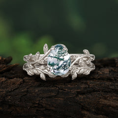 Artistic Vine  Themed 4 - Prong Pear Cut Natural Moss Agate Stackable Rings