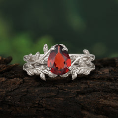 Artistic Vine  Themed 4 - Prong Pear Cut Garnet Stackable Rings