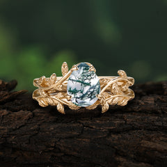 Artistic Vine  Themed 4 - Prong Pear Cut Natural Moss Agate Stackable Rings