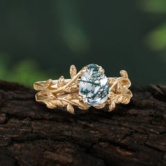 Artistic Vine  Themed 4 - Prong Pear Cut Natural Moss Agate Stackable Rings