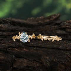 Artistic Vine  Themed 4 - Prong Pear Cut Natural Moss Agate Stackable Rings