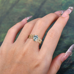 Artistic Vine  Themed 4 - Prong Pear Cut Natural Moss Agate Stackable Rings