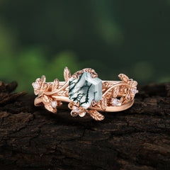 Naturalistic 4 - Prong Hexagon - Cut Natural Moss Agate Ring Sets