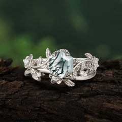 Naturalistic 4 - Prong Hexagon - Cut Natural Moss Agate Ring Sets