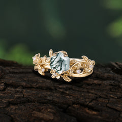 Naturalistic 4 - Prong Hexagon - Cut Natural Moss Agate Ring Sets
