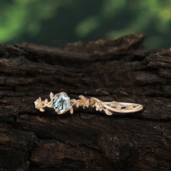 Naturalistic 4 - Prong Hexagon - Cut Natural Moss Agate Ring Sets