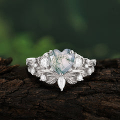 Nature - Inspired 3 - Prong Heart - Cut Natural Moss Agate Stackable Ring Set