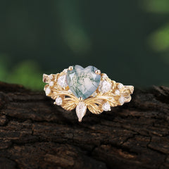 Nature - Inspired 3 - Prong Heart - Cut Natural Moss Agate Stackable Ring Set
