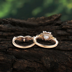 Nature - Inspired 3 - Prong Heart - Cut Natural Moss Agate Stackable Ring Set