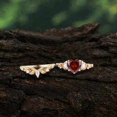 Nature - Inspired 3 - Prong Heart - Cut Garnet Stackable Ring Set