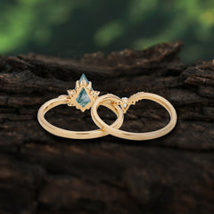 Classic Retro Luxury 4-Prong Kite-Cut Natural Moss Agate Stackable Ring Set