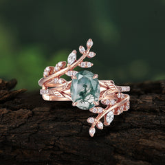 Delicate Leaf Embellished 4 - Prong Oval - Cut Natural Moss Agate Ring Sets