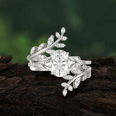 Delicate Leaf Embellished 4 - Prong Oval - Cut Moissanite Ring Sets