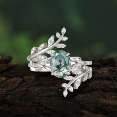 Delicate Leaf Embellished 4 - Prong Oval - Cut Natural Moss Agate Ring Sets