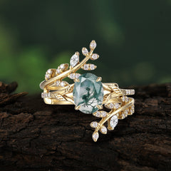 Delicate Leaf Embellished 4 - Prong Oval - Cut Natural Moss Agate Ring Sets