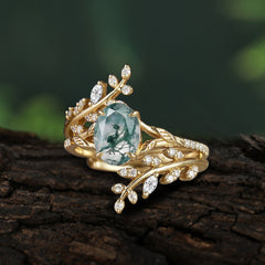 Delicate Leaf Embellished 4 - Prong Oval - Cut Natural Moss Agate Ring Sets