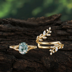 Delicate Leaf Embellished 4 - Prong Oval - Cut Natural Moss Agate Ring Sets