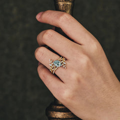 Delicate Leaf Embellished 4 - Prong Oval - Cut Natural Moss Agate Ring Sets