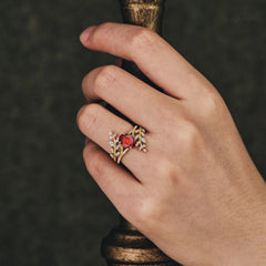 Delicate Leaf Embellished 4 - Prong Oval - Cut Garnet Ring Sets
