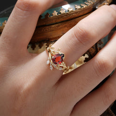 Nature  Inspired 4  Prong Pear  Cut Garnet Wedding Ring Sets