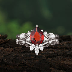 6 Prong Romantic Vine Themed Pear Cut Garnet Rings
