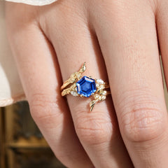 Botanical 4 Prong Hexagon Sapphire Engagement Ring Suite