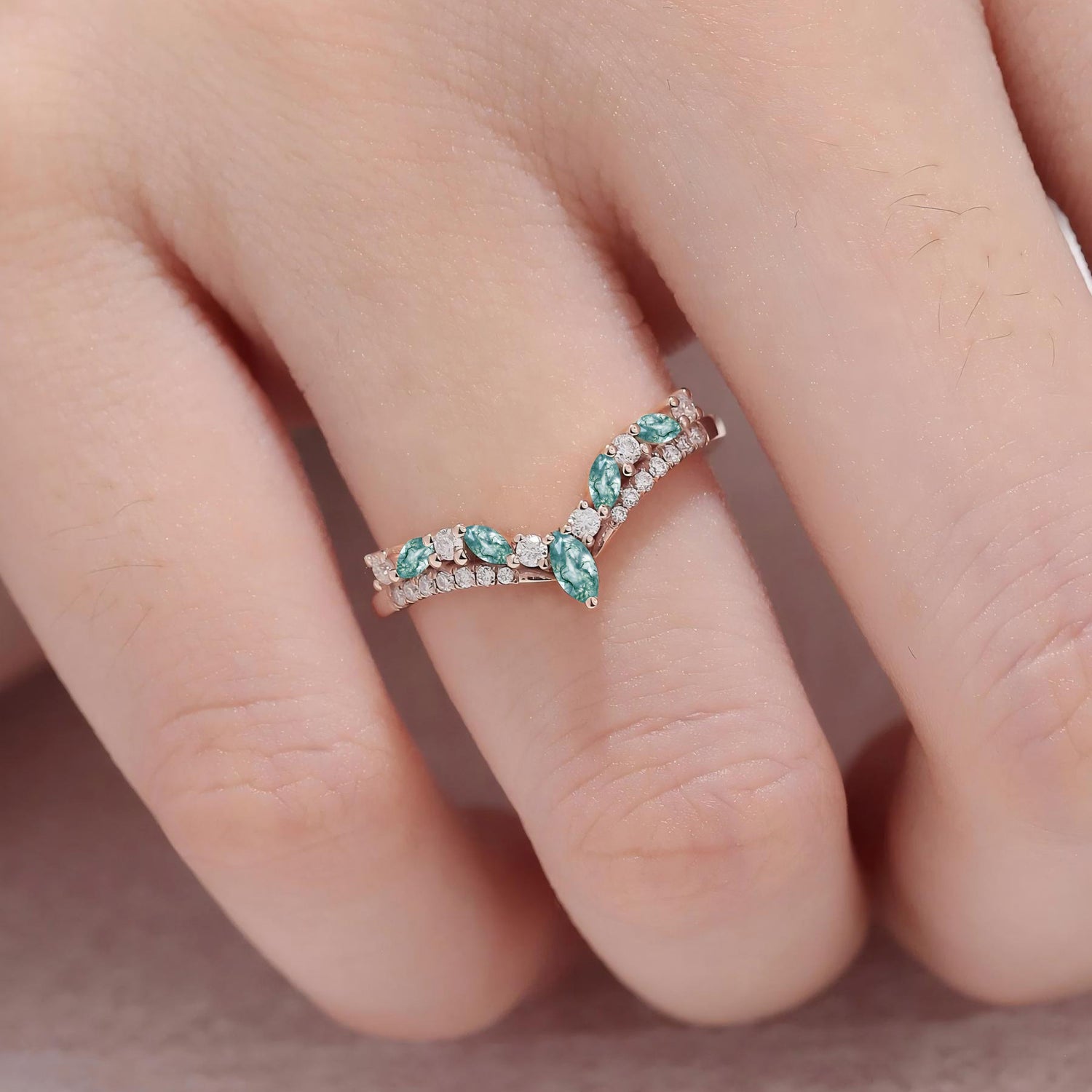 Marquise Cut Tiara Moss Agate Ring Curved Wedding Band Stacking Ring