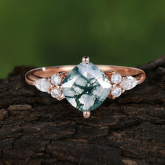 Classic Elegant 4-Prong Princess Cut Moss Agate Engagement Ring