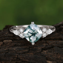 Classic Elegant 4-Prong Princess Cut Moss Agate Engagement Ring
