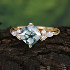 Classic Elegant 4-Prong Princess Cut Moss Agate Engagement Ring
