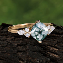 Classic Elegant 4-Prong Princess Cut Moss Agate Engagement Ring