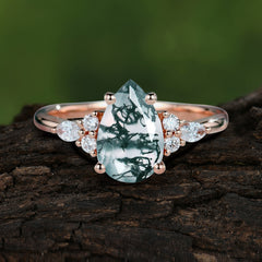 Sophisticated 4-Prong Pear-Cut Moss Agate Promise Ring