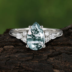 Sophisticated 4-Prong Pear-Cut Moss Agate Promise Ring
