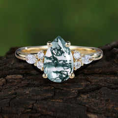 Sophisticated 4-Prong Pear-Cut Moss Agate Promise Ring