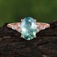 Sophisticated 4-Prong Oval Cut Natural Moss Agate Engagement Ring