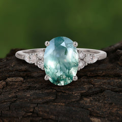 Sophisticated 4-Prong Oval Cut Natural Moss Agate Engagement Ring