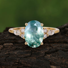 Sophisticated 4-Prong Oval Cut Natural Moss Agate Engagement Ring