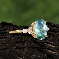 Sophisticated 4-Prong Oval Cut Natural Moss Agate Engagement Ring