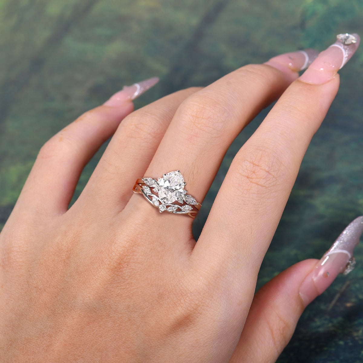 Nature Inspired 6 Prong Leaf Oval Cut Moissanite Engagement Ring - Additional view