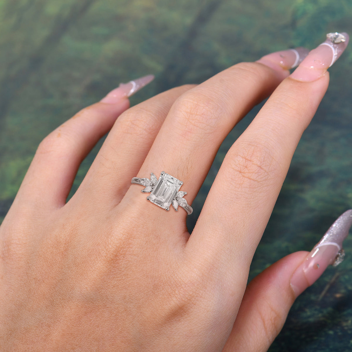 Vintage Emerald Cut Moissanite Side Stone Engagement Ring with Marquise Accents - Additional view