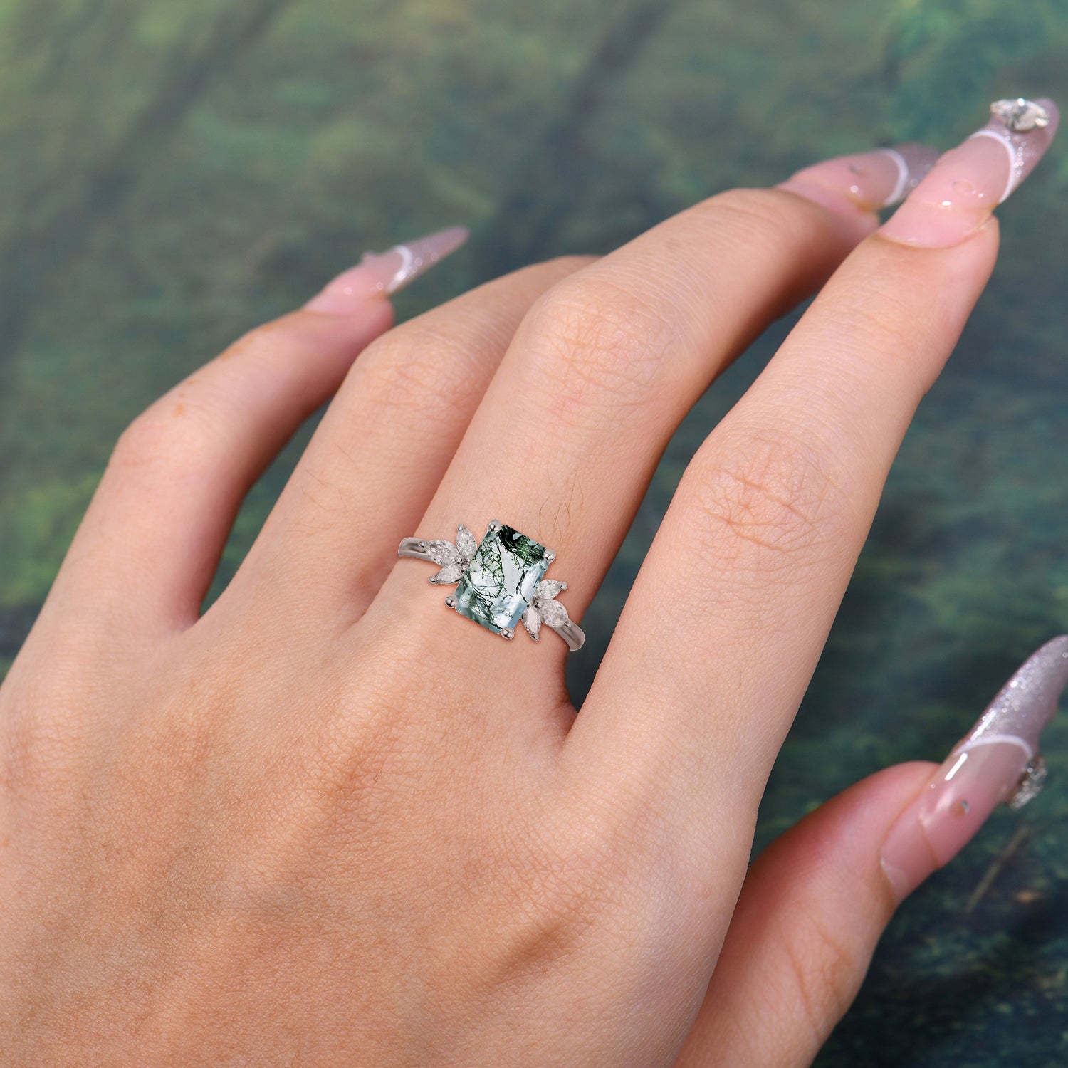 Vintage Emerald Cut Moss Agate Side Stone Engagement Ring with Marquise Accents - Additional view