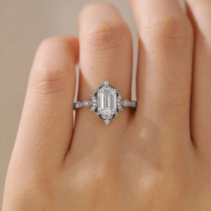 Classic Sparkling Radiant Cut Moissanite Engagement Ring with Vintage Halo    - Additional view