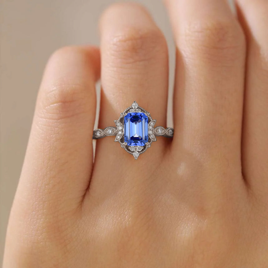 Classic Sparkling Radiant Cut Sapphire Engagement Ring with Vintage Halo    - Additional view